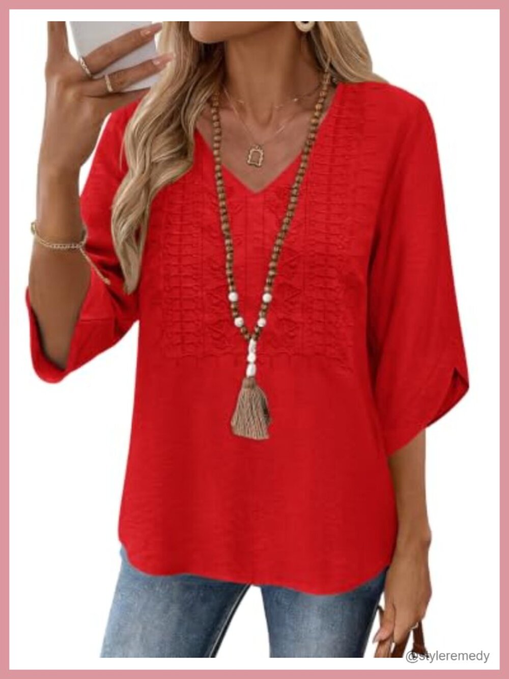 Womens 3/4 Sleeve Embroidered Lace V-Neck Boho Blouse